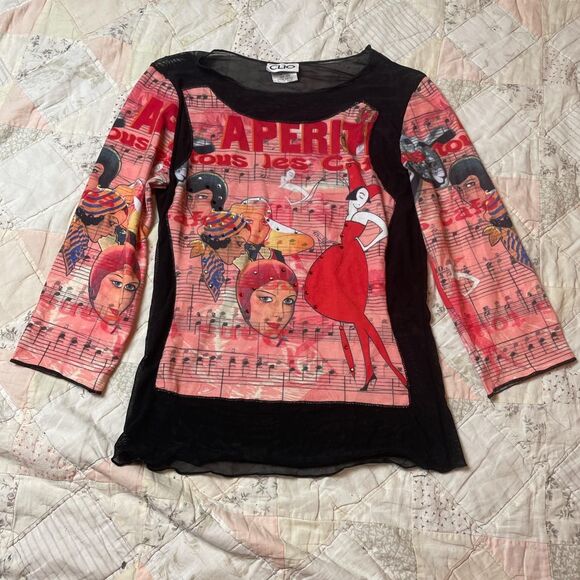 clio rare y2k half solid half mesh top with pink graphic - Picture 1 of 8